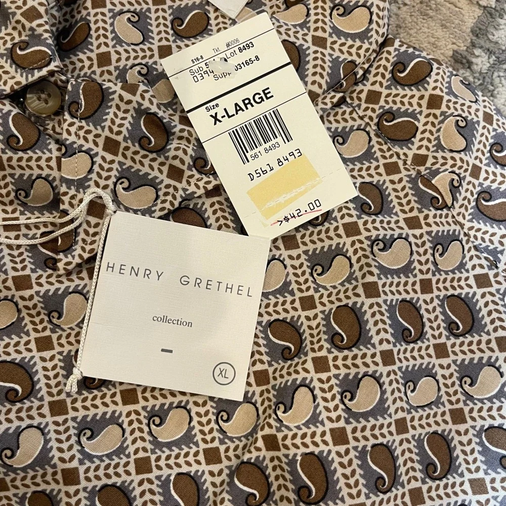 NEW Vintage Henry Grethel Mens XL Short‎ Sleeve Shirt Paisley Geometric Brown